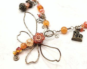 Fairytale Forest Dragonfly Necklace in Orange Renaissance Adjustable Length Fantasy Woodland