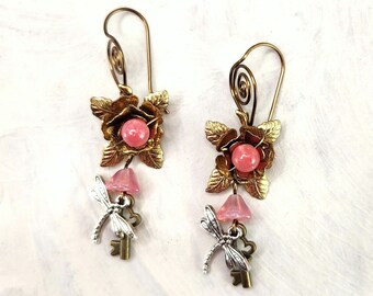 Fairytale Forest Fantasy Rose + Dragonfly + Key Earrings in Antique Pink, Wedding, Bridesmaid, Art Nouveau, Belle Époque, Renaissance