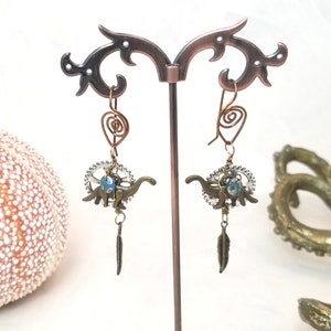 Steampunk Dinosaur Earrings with Handmade Ear Wires, Choice of Bead Color and Ear Wire Material
