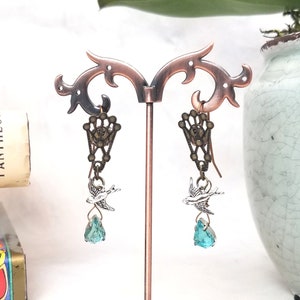 Fairytale Forest Fantasy Filigree Bird Earrings in Aqua Teal Sky Blue Renaissance
