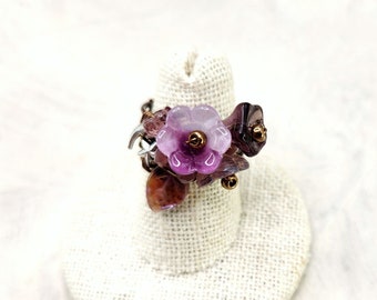 Fairytale Forest Fantasy Floral Ring in Purple with Moon + Star Celestial Renaissance Adjustable Wire