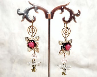 Fairytale Forest Fantasy Rose + Dragonfly + Key Earrings in Pink, Wedding, Bridesmaid, Art Nouveau, Belle Époque, Renaissance