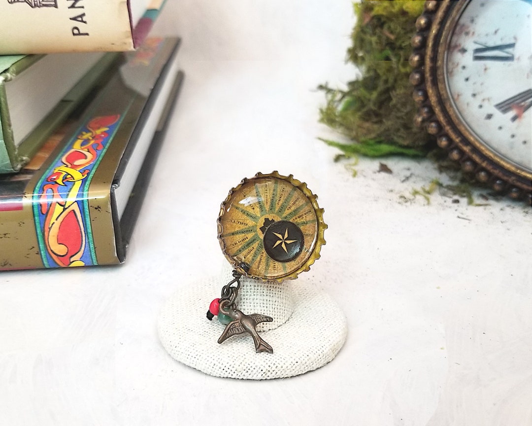 Statement Ring With Bottlecap and Bird Dangle Boho Style OOAK Handmade ...