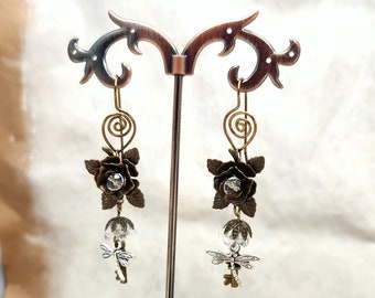 Fairytale Forest Fantasy Rose + Dragonfly + Key Earrings in Clear, Wedding, Bridesmaid, Art Nouveau, Belle Époque, Renaissance
