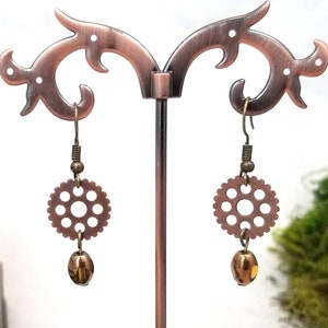 Earrings with Gear Over Bead, Steampunk, Wedding, Bridesmaid, Art Nouveau, Belle Époque, Renaissance, Garden, Choice of Colors