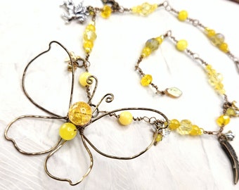 Fairytale Forest Butterfly Necklace in Yellow Renaissance Adjustable Length Fantasy Woodland