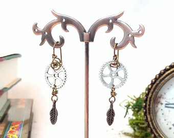 Steampunk Gear + Feather Earrings