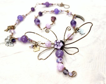 Fairytale Forest Dragonfly Necklace in Purple Renaissance Adjustable Length Fantasy Woodland