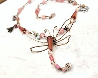 Fairytale Forest Dragonfly Necklace in Antique Pink Renaissance Adjustable Length Fantasy Woodland