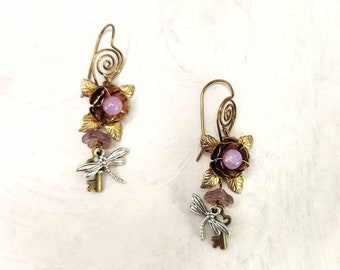 Fairytale Forest Fantasy Rose + Dragonfly + Key Earrings in Purple, Wedding, Bridesmaid, Art Nouveau, Belle Époque, Renaissance