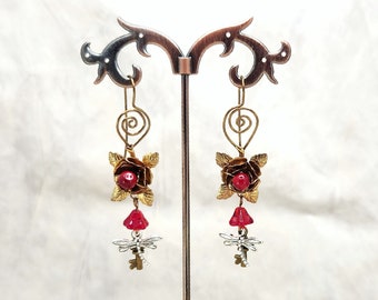 Fairytale Forest Fantasy Rose + Dragonfly + Key Earrings in Red, Wedding, Bridesmaid, Art Nouveau, Belle Époque, Renaissance