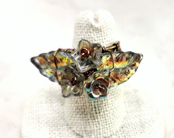 Fairytale Forest Fantasy Floral Ring in Rainbow Mercury Silver Renaissance Adjustable Wire
