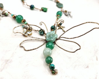 Fairytale Forest Dragonfly Necklace in Green Renaissance Adjustable Length Fantasy Woodland