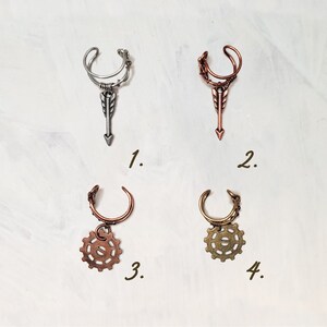 Steampunk Ear Cartilage Cuff in Antique Brass, Brushed Silver or Antique Copper with Charm Dangle, Adjustable, Arrow, Gear