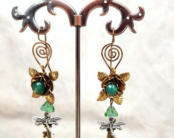 Fairytale Forest Fantasy Rose + Dragonfly + Key Earrings in Green, Wedding, Bridesmaid, Art Nouveau, Belle Époque, Renaissance