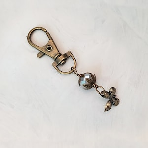 Wire Wrapped Clip or Purse Charm in Antique Bronze, Moonstone White with Butterfly Charm, Cellphone Charm, Choice of Colors and Metals