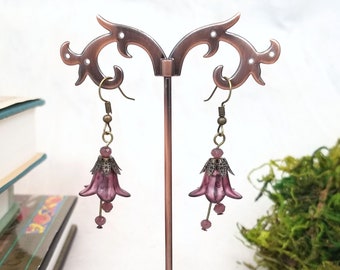 Elegant Lucite Flower Drop Earrings in Purple, Wedding, Bridesmaid, Art Nouveau, Belle Époque, Renaissance, Choice of Metals/Closures