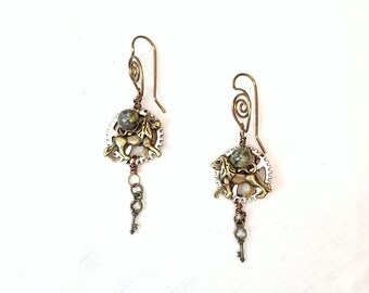 Steampunk Lion Earrings in Green