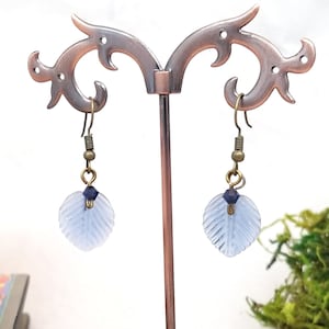 Medium Glass Leaf Earrings in Frosted Blue, Wedding, Bridesmaid, Art Nouveau, Renaissance, Belle Epoque, Forest, Choice of Closure Types