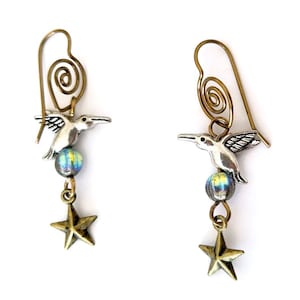 Steampunk Hummingbird Earrings with Handmade Ear Wires, Choice of Bead Color and Ear Wire Material
