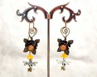 Fairytale Forest Fantasy Rose + Dragonfly + Key Earrings in Orange, Wedding, Bridesmaid, Art Nouveau, Belle Époque, Renaissance