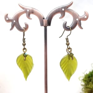 Long Glass Leaf Earrings in Frosted Olive Green, Wedding, Bridesmaid, Art Nouveau, Renaissance, Forest, Choice of Closure Types