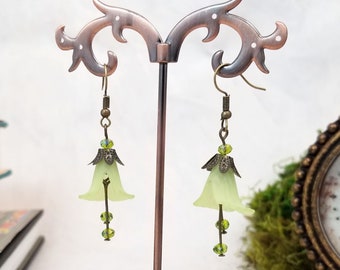 Elegant Lucite Flower Drop Earrings in Fresh Green, Wedding, Bridesmaid, Art Nouveau, Belle Époque, Renaissance, Choice of Metals/Closures