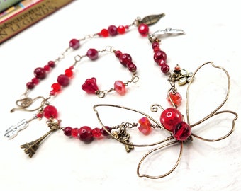 Fairytale Forest Butterfly Necklace in Red Renaissance Adjustable Length Fantasy Woodland