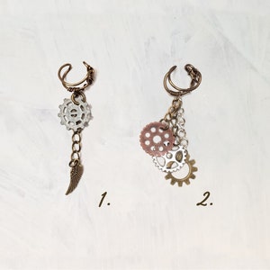 Steampunk Ear Cartilage Cuff in Antique Brass with Charm Dangles on Long Chains, Adjustable, Wing, Gears
