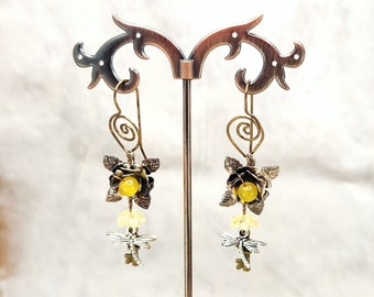 Fairytale Forest Fantasy Rose + Dragonfly + Key Earrings in Yellow, Wedding, Bridesmaid, Art Nouveau, Belle Époque, Renaissance