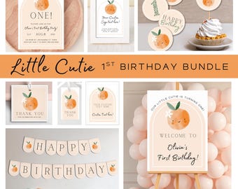 May include: Orange-themed first birthday party printable bundle with a cute orange character. Includes a welcome sign, thank you tags, a banner, cupcake toppers, and a sign for a gift table. The text on the welcome sign reads "Our little cutie is turning one! Welcome to Olivia's First Birthday!"