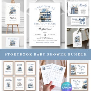 A new Chapter begins Blue Storybook Baby Shower complete Bundle: Editable Invitation, template, Signs (Digital Download) boy