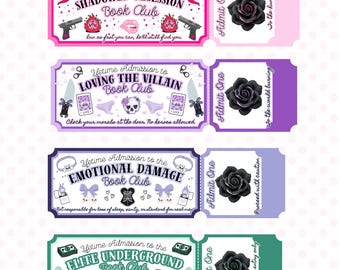 4 Romantasy Ticket Bookmarks for Book Club Gifts Shadowed Obsession Villain Theme Digital