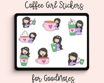 Digital Planner Stickers, Coffee Girl, But First Coffee for GoodNotes, Chibi Girl Sticker