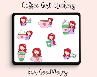 Digital Planner Stickers, Coffee Girl, But First Coffee for GoodNotes, Chibi Girl Sticker