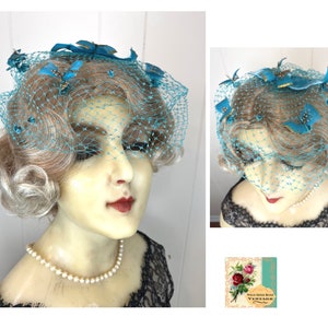 Vintage Veil Fascinator 1950's Turquoise Feathered Headpiece Midcentury Velvet Bow Veil