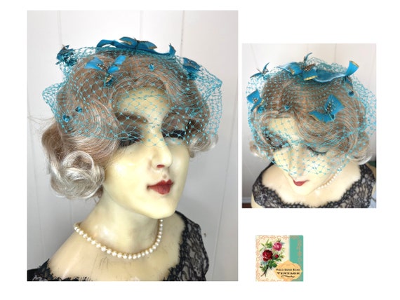 Vintage Veil Fascinator 1950's Turquoise Feathere… - image 1