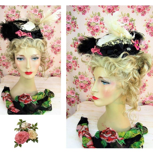 Antique Victorian Feathered Hat Antique 1890's Feathered Fascinator Hat Stunning Victorian Flowered Feathered shops Jeweled hat