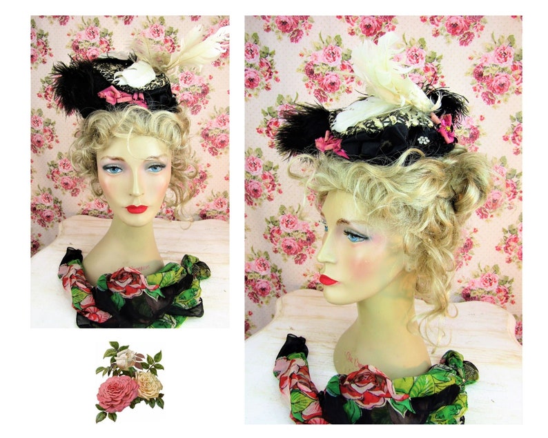 Antique Victorian Feathered Hat Antique 1890's Feathered Fascinator Hat Stunning Victorian Flowered Feathered shops Jeweled hat