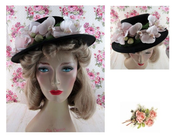 Vintage 1940s 40s Flowered Hat Size 21.5 Vintage 1