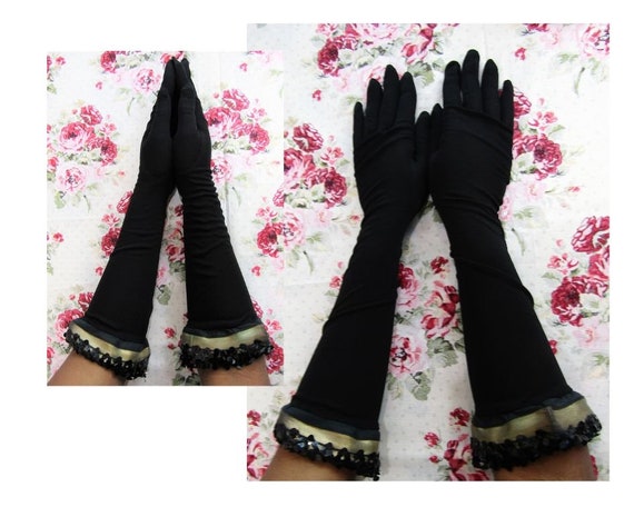 Long Evening Gloves, Vintage 1950s Gloves, Black 1