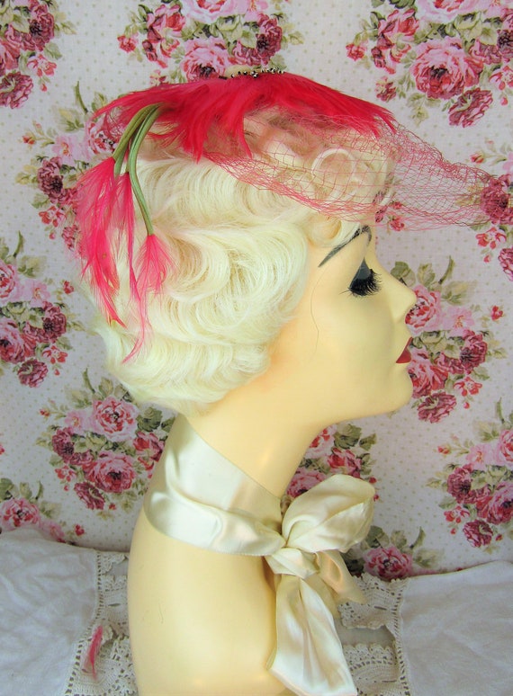 Vintage Feathered Hat Pink Feathered Hairpiece Vi… - image 8