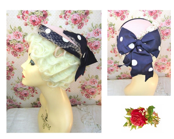 Vintage Polka Dot Pillbox Hat Fits Most Bombshell