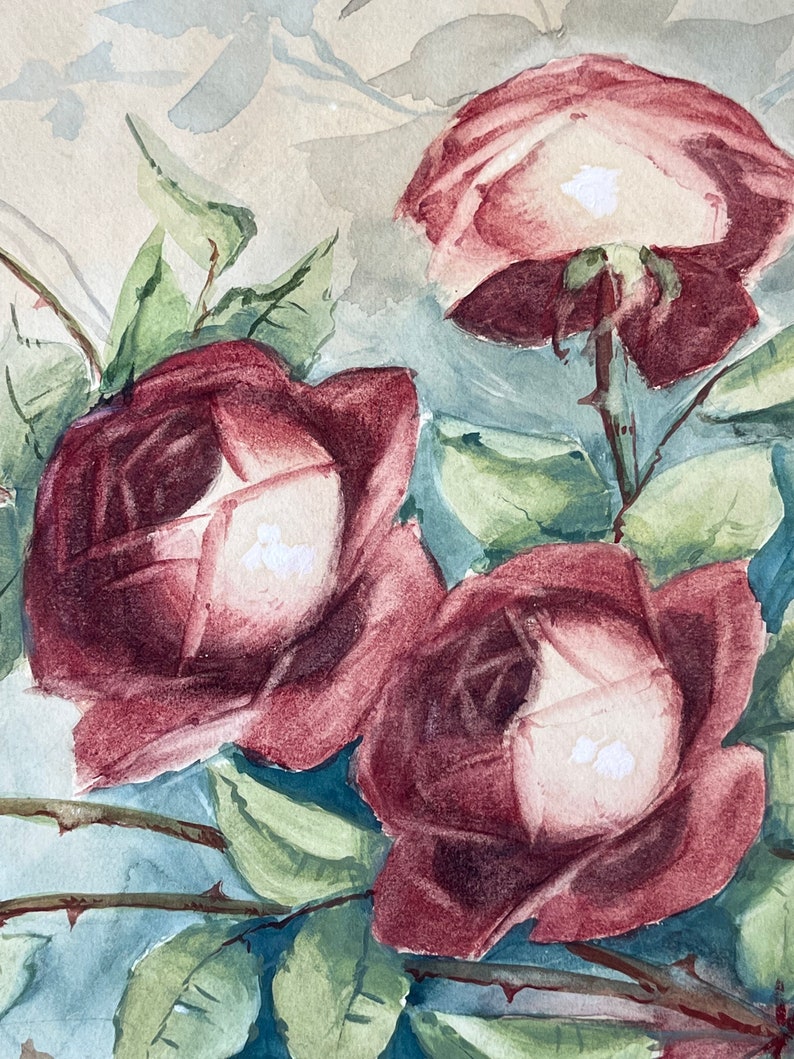 Vintage Watercolor Painting of Roses by Woodrow on Board 29 wide image 2