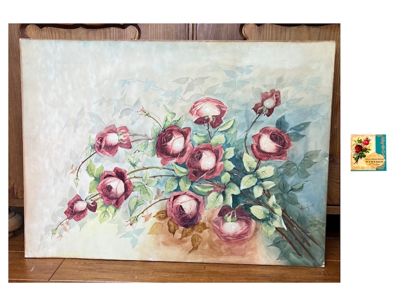 Vintage Watercolor Painting of Roses by Woodrow on Board 29 wide image 1