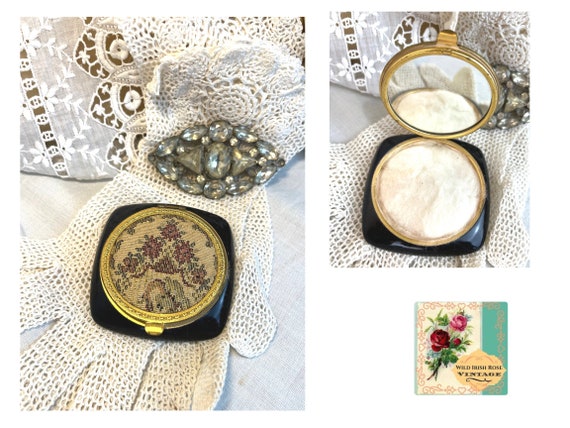 Vintage Compact Vintage Flowered Mirrored Compact… - image 1