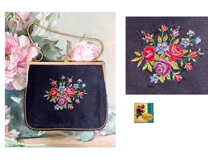 Vintage Petit Point Handbag Tapestry Evening Bag 1950s Rose Embroidery Handbag