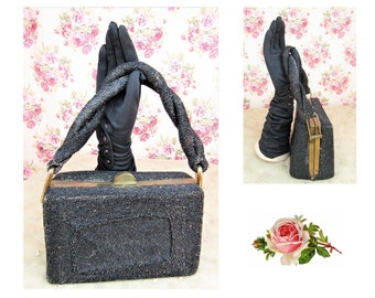 Vintage DuBonnette Beaded Box Purse 1940s DuBonnette Black Glass Beaded Box Purse 1940s Beaded Black Handbag