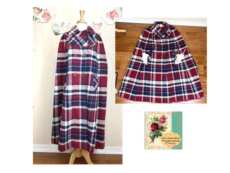 Vintage Plaid Wool Cape Women's Plaid Wool Cape Plaid Wool Cloak image 1