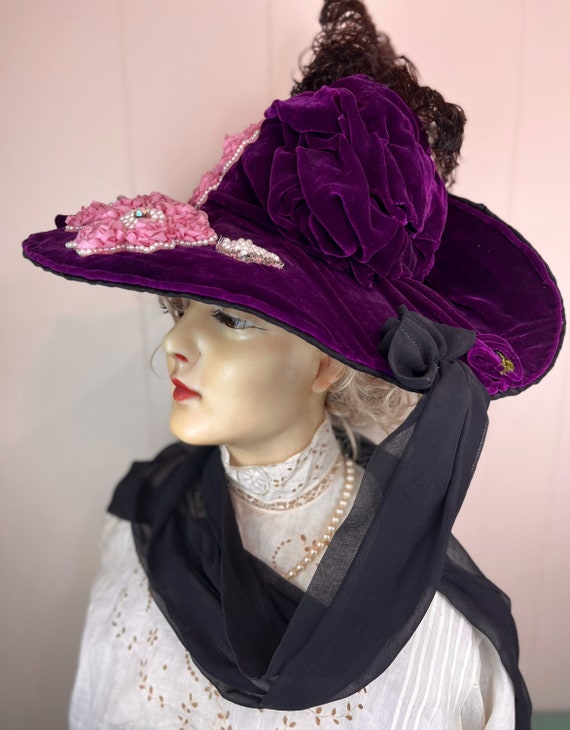 Antique Edwardian Velvet Hat Stunning Royal Purple Ve… - Gem